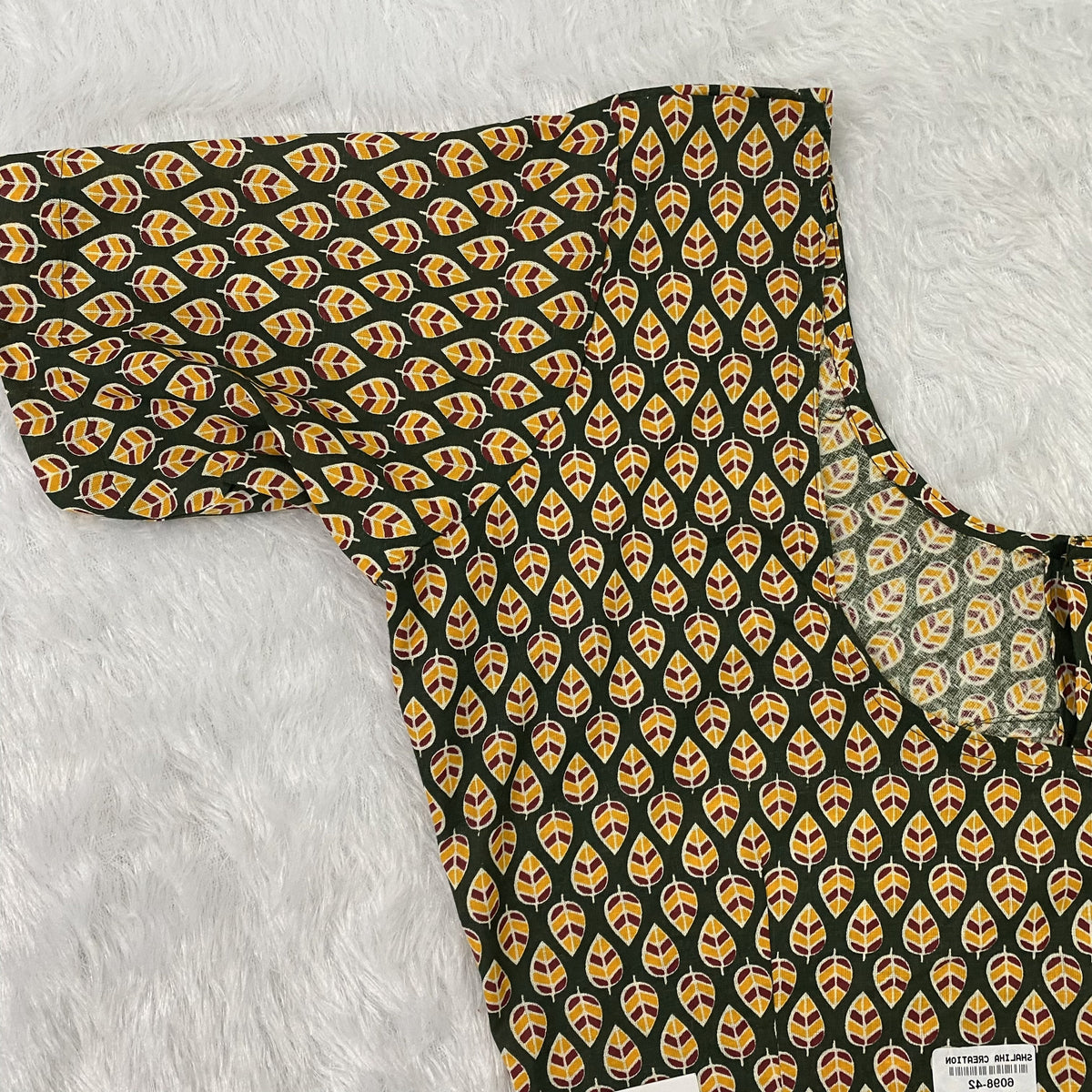 Everyday Wear Cotton Ajrak Print Blouse in Olive Green