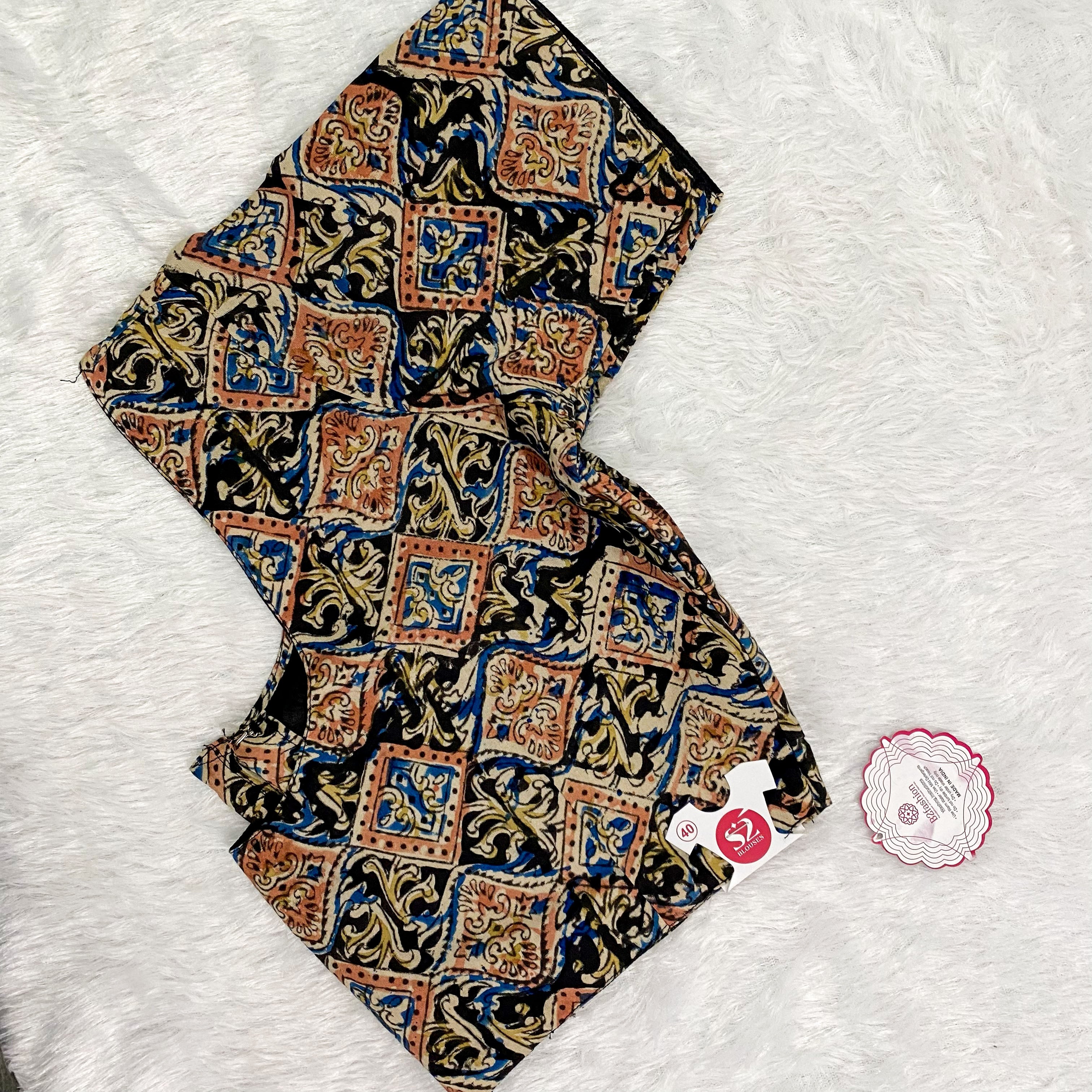 Everyday Cotton Handloom Kalam-Kari Blouse - Navy Blue & Beige