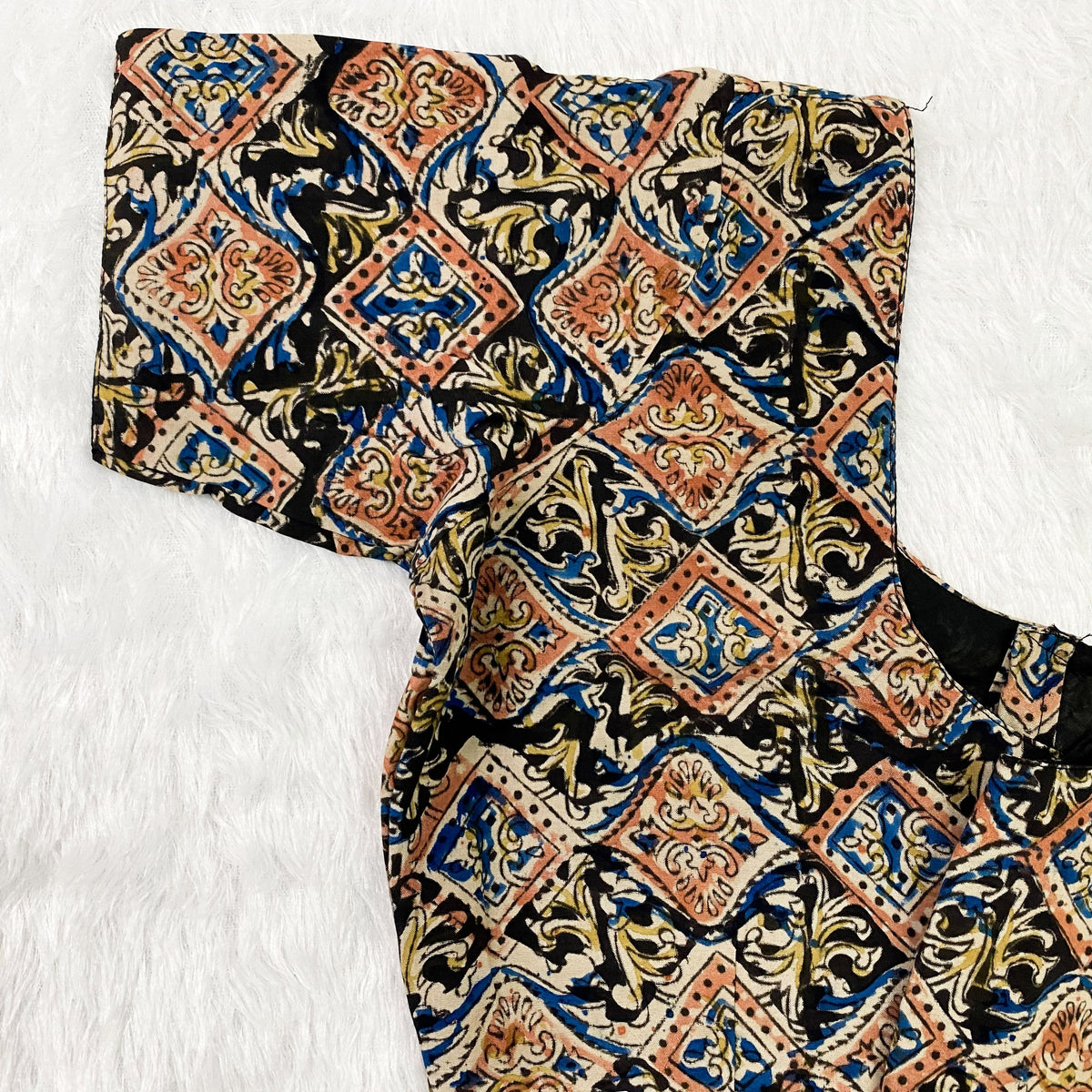 Everyday Cotton Handloom Kalamkari Blouse - Navy Blue & Beige