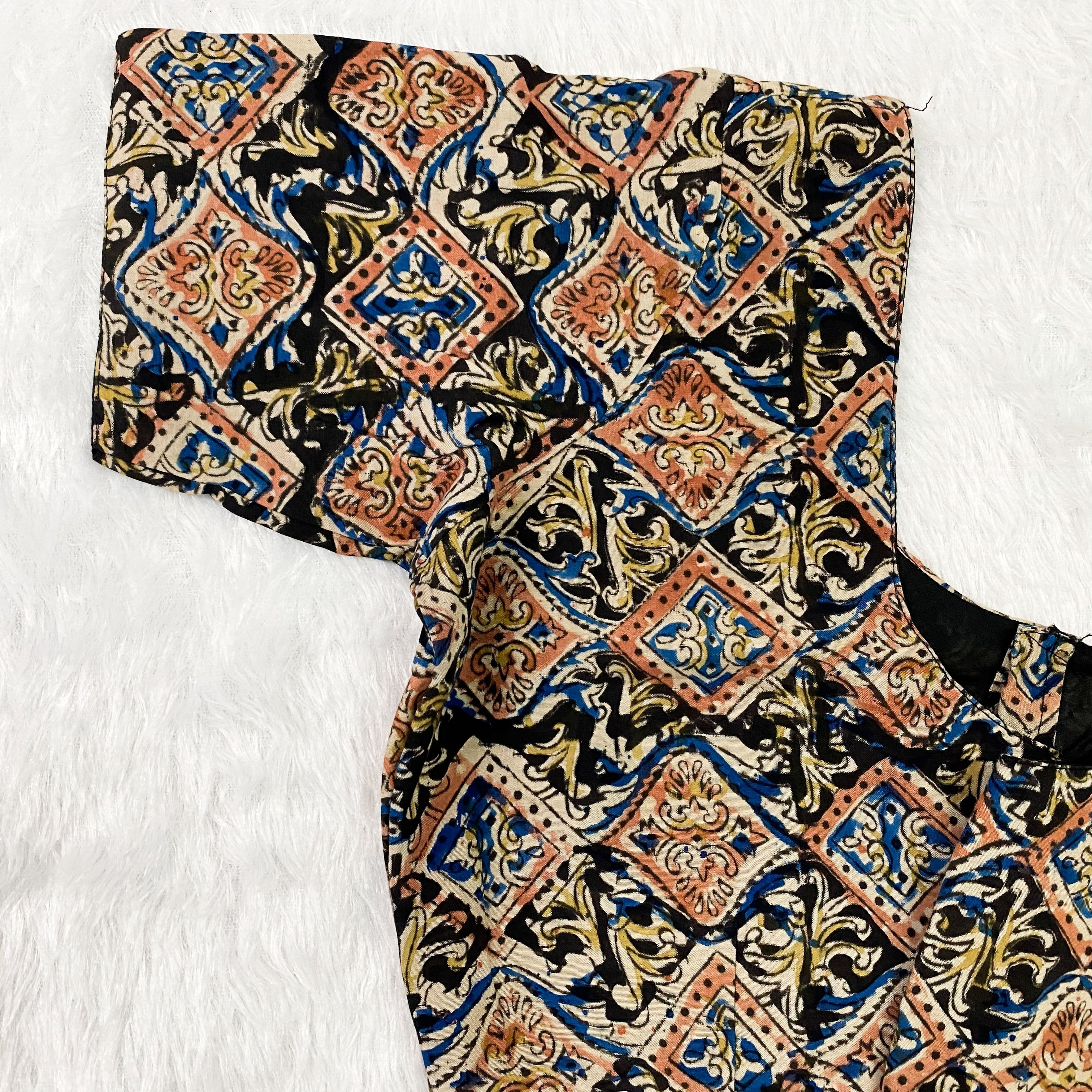 Everyday Cotton Handloom Kalam-Kari Blouse - Navy Blue & Beige