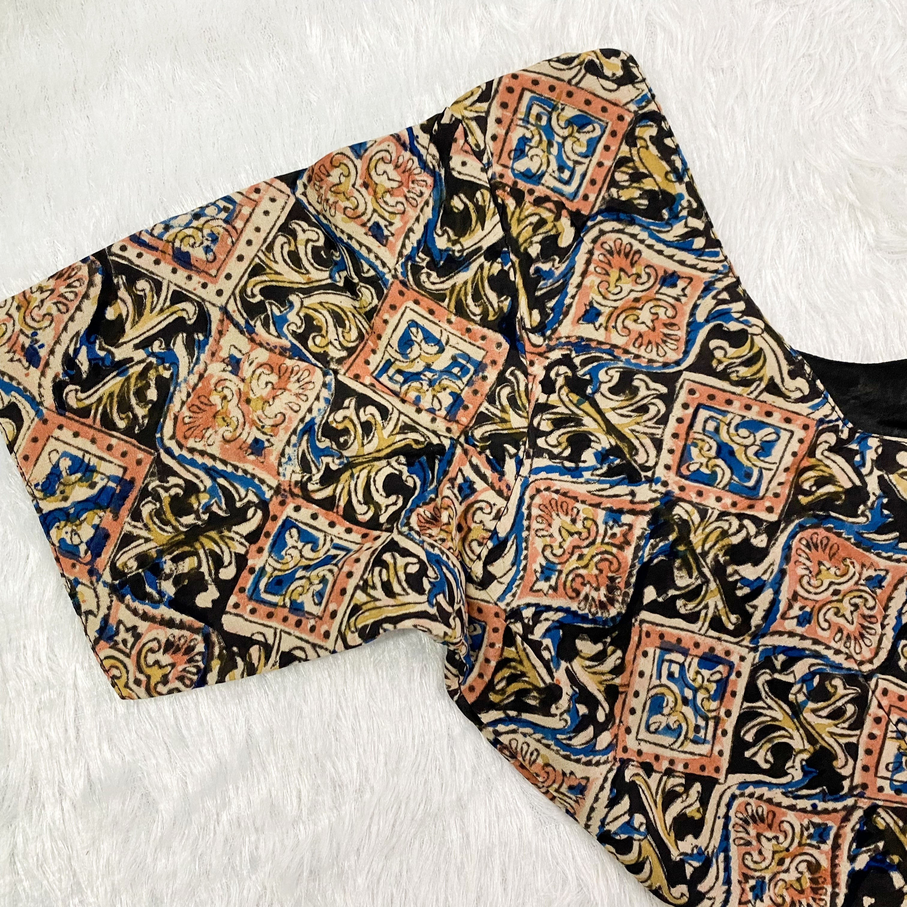 Everyday Cotton Handloom Kalam-Kari Blouse - Navy Blue & Beige