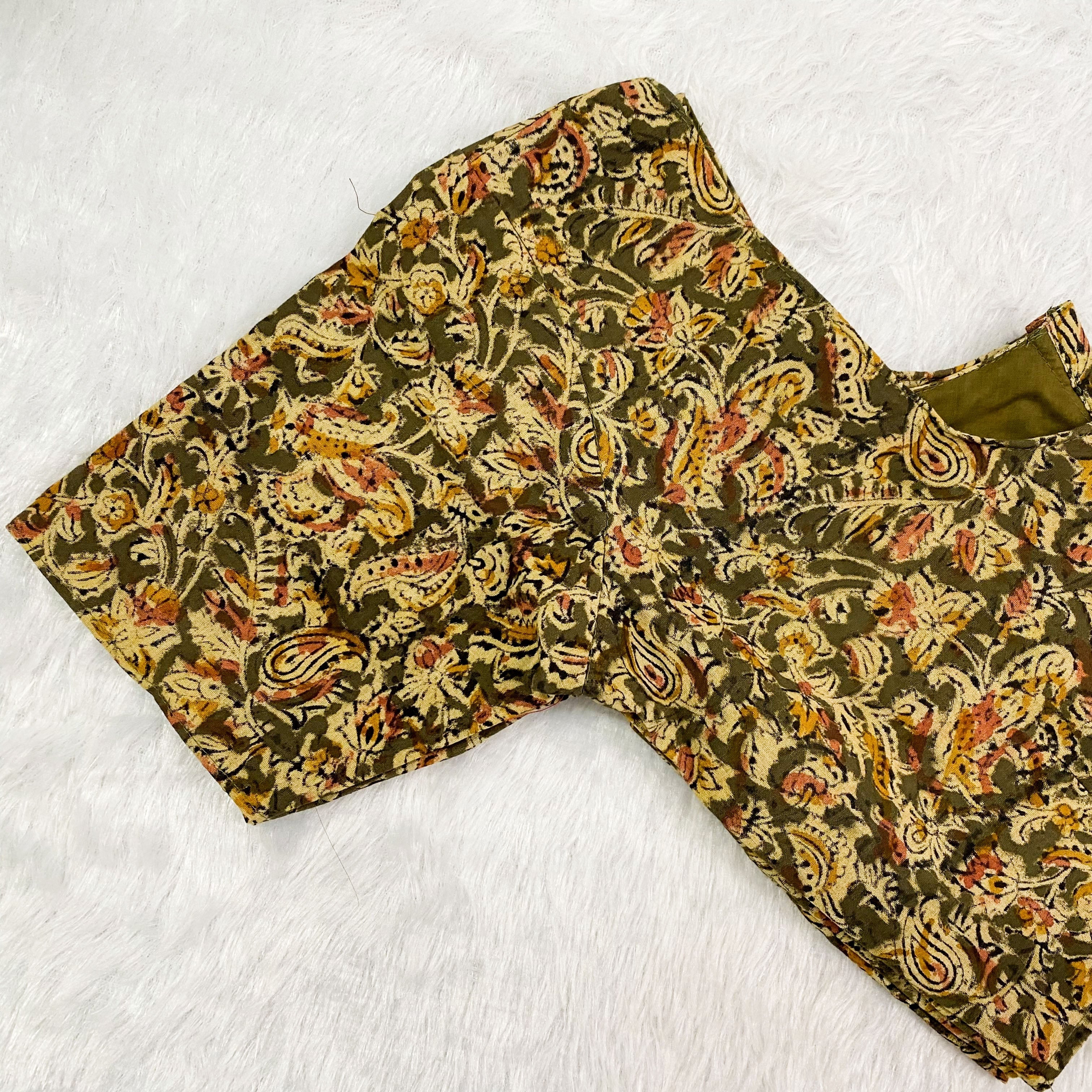 Everyday Cotton Handloom Kalam-Kari Blouse - Olive Green & Mustard