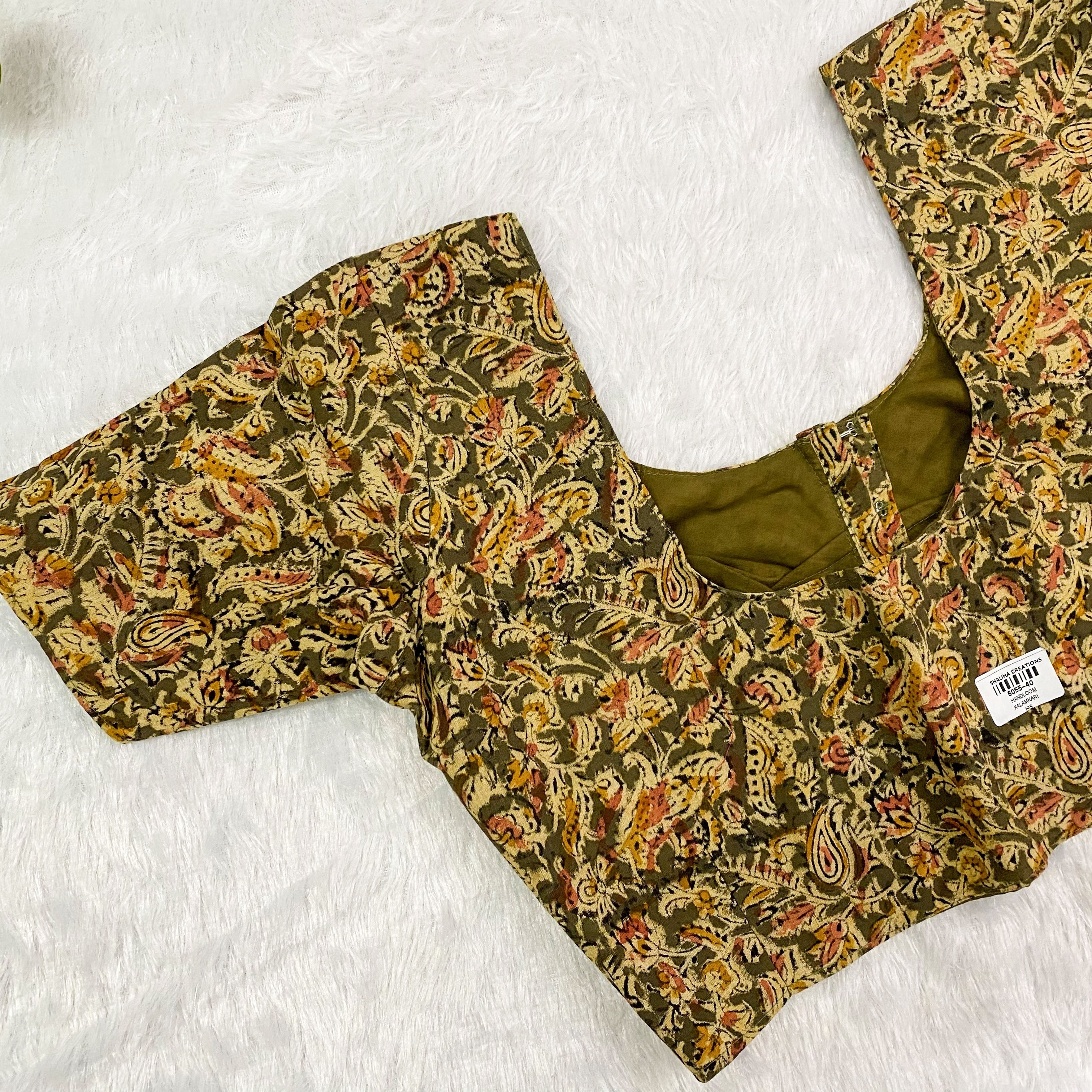 Everyday Cotton Handloom Kalam-Kari Blouse - Olive Green & Mustard
