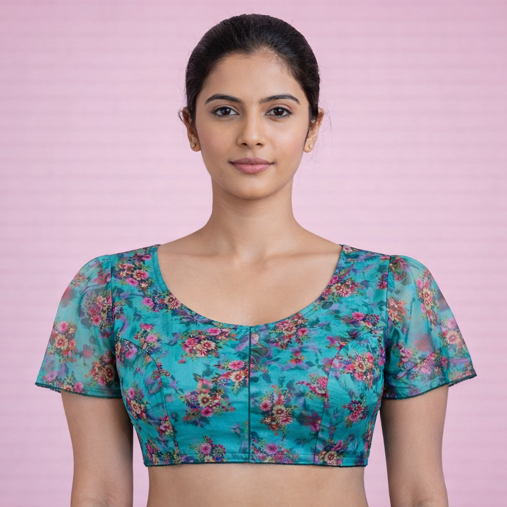 Organza Puff Blouse Blue with Floral Print