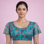 Organza Puff Blouse Blue with Floral Print